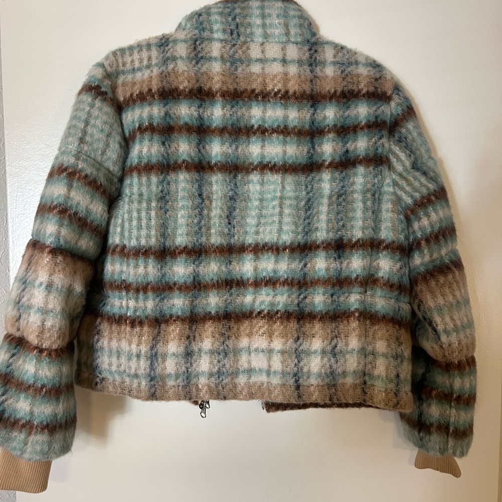 Anthropologie Blue and Brown Teddy Jacket with Plaid Pattern - Picture 2 of 3